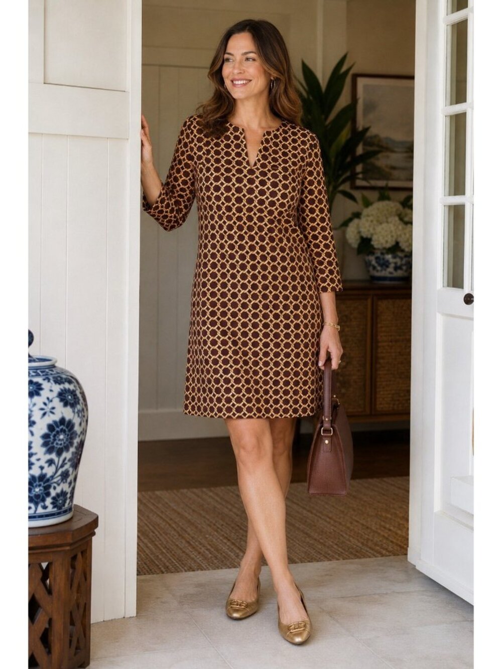 J McLaughlin Womens Dress Sz Medium Brown Tan Geometric Catalina Cloth Preppy